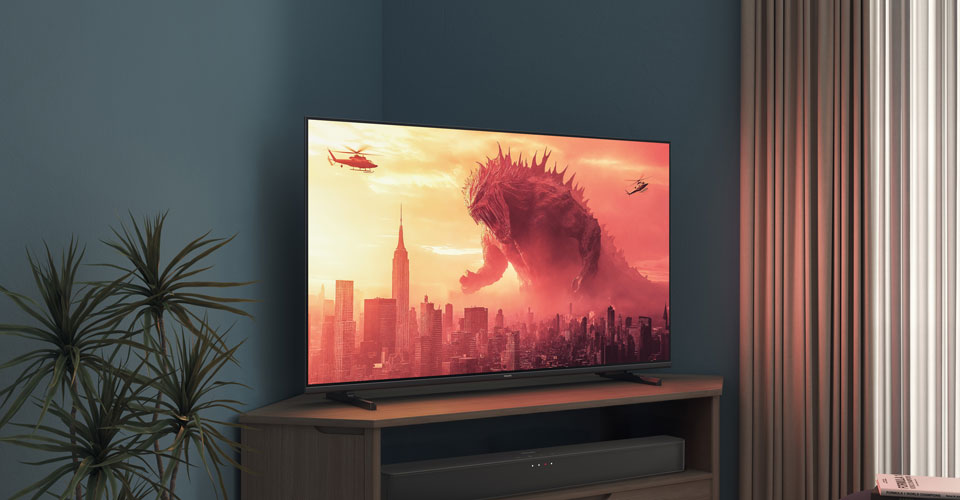 Een Philips-tv op een hoekstandaard toont een Godzilla-film