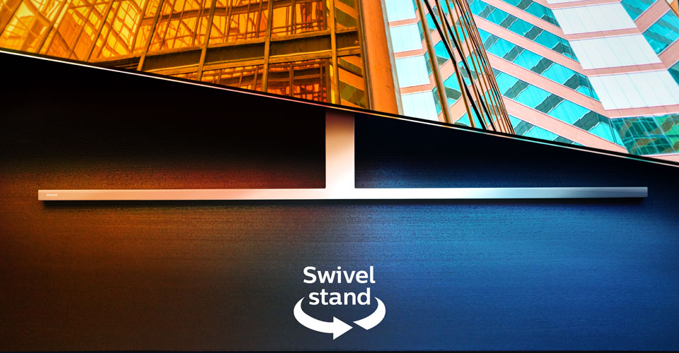 Een Philips Ambilight-tv op een draaibare standaard met twee kleurrijke architectuursc&egrave;nes, met een pijl en tekst die de draaifunctie aangeeft