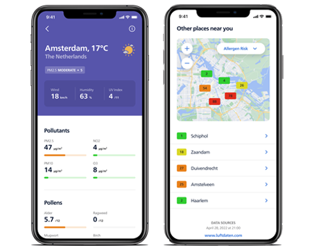 Telefoonschermen met data van buiten in Air+ app