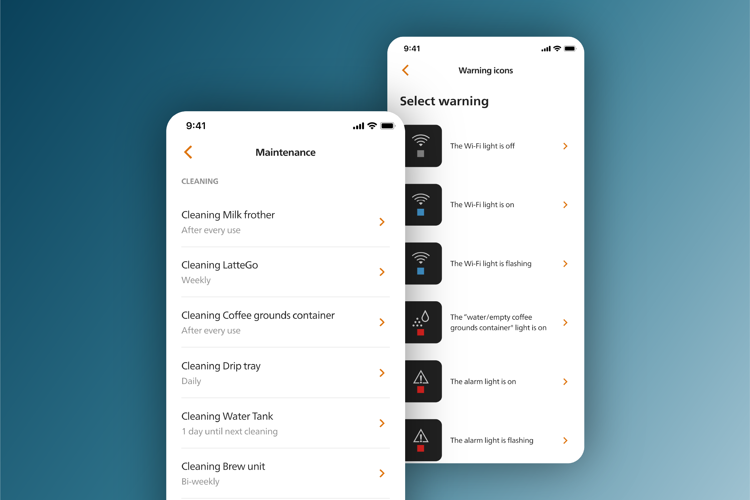 Philips Coffee+-app, onderhouds- en ondersteuningsgegevens op telefoonschermen