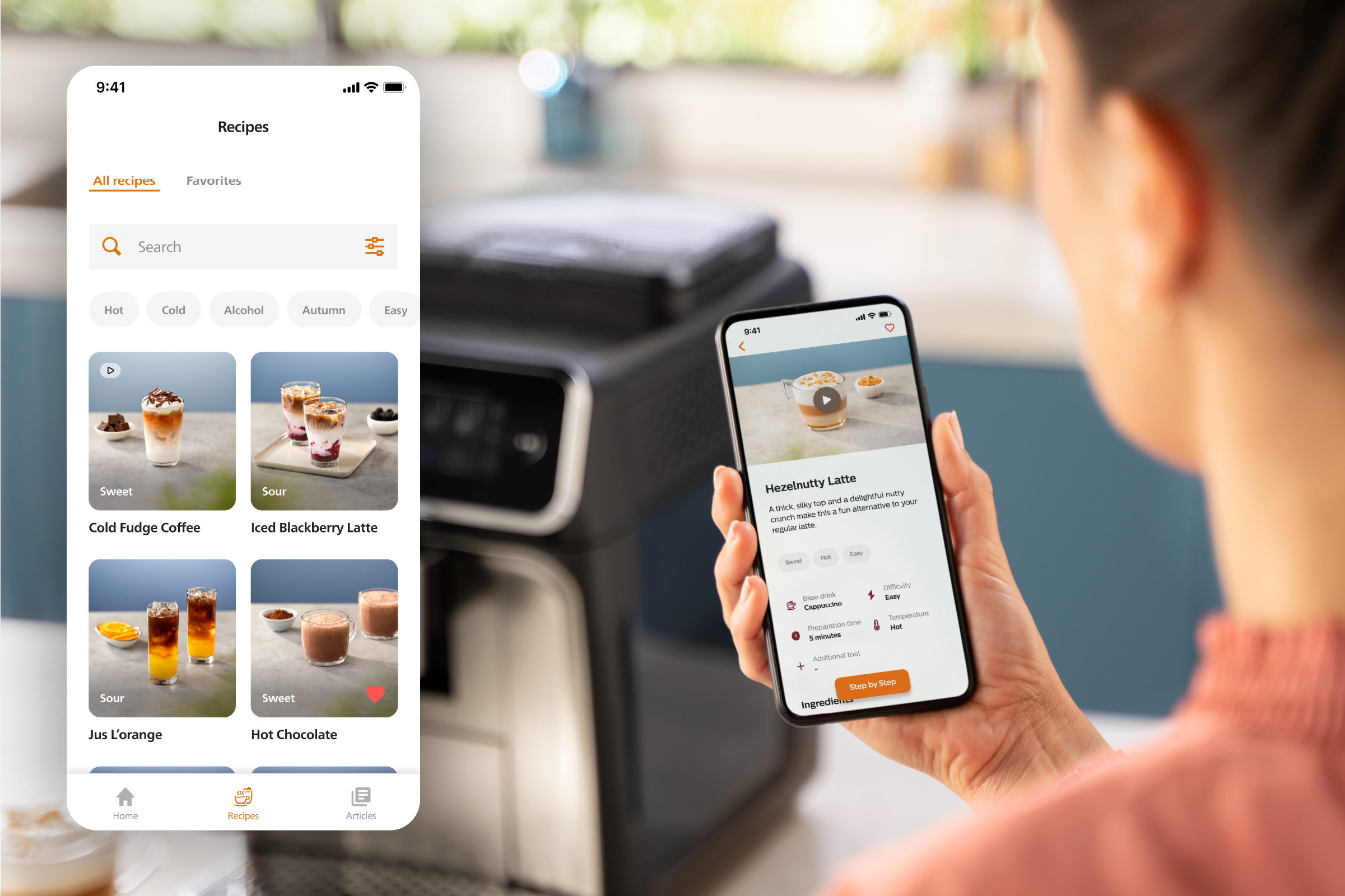 Telefoonschermen met koffierecepten in de Coffee+-app
