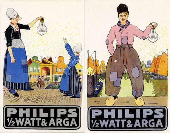 Boeren en boerinnen in klederdracht bepalen tot in de jaren &rsquo;20 het beeld van Philips-reclames. Prentbriefkaarten van Raoul Hynckes, 1916. 