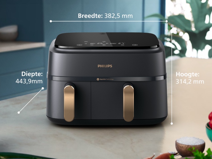 Philips met twee manden op het aanrecht met de afmetingen erbij: breedte: 38,25 cm, diepte: 31,42 cm, hoogte: 44,39 cm